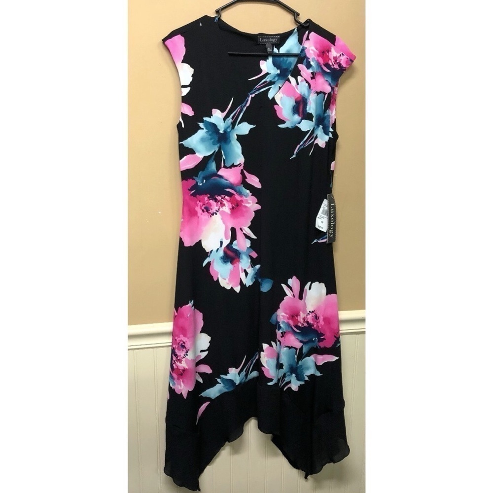 Luxology Women's Sz 10 Chiffon Swing Floral Dress Black Pink Sleeveless NWT